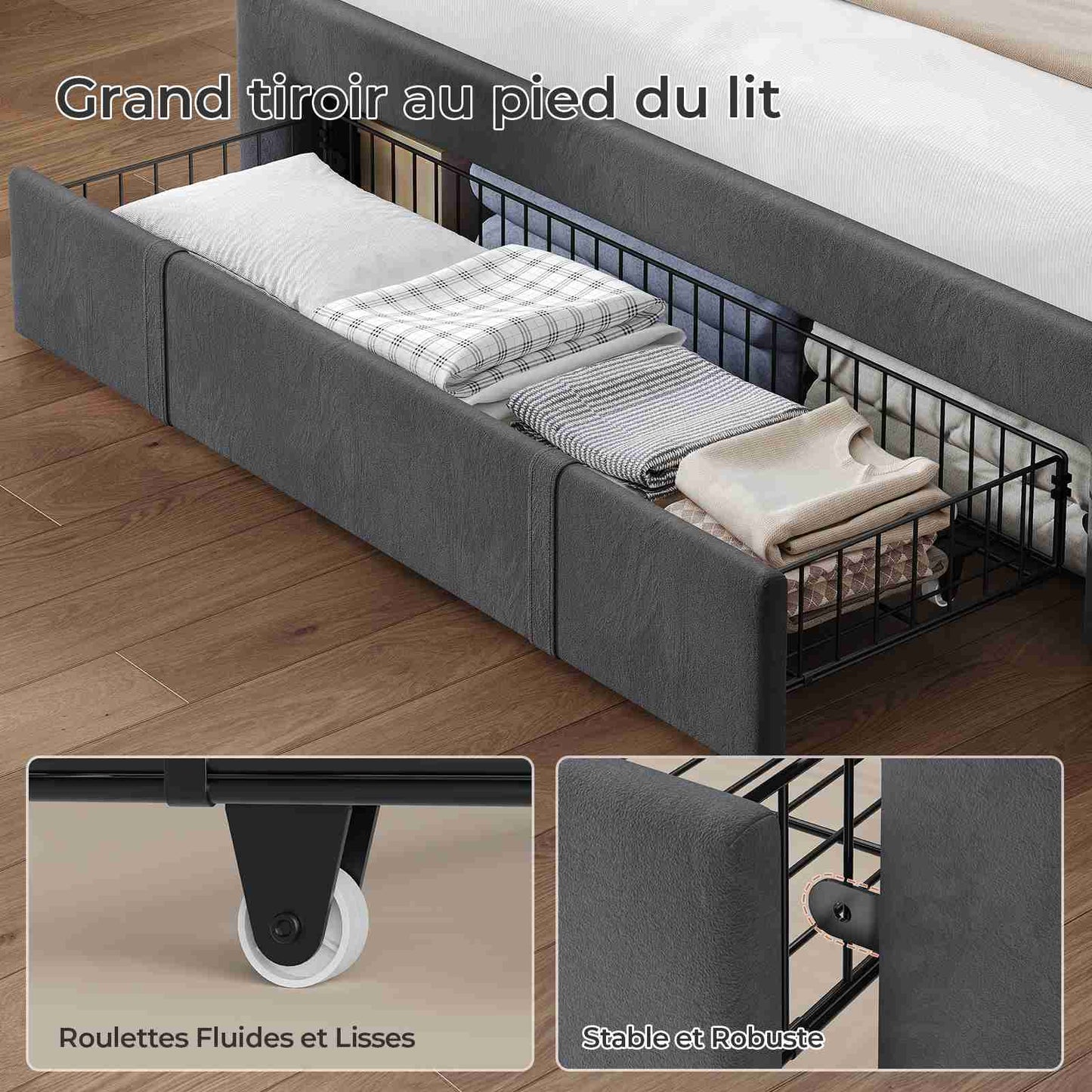 AOGLLATI  Lit avec rangement équipé d'un éclairage LED d'un port USB et d'un grand tiroir  tête de lit réglable sur deux hauteurs  160 x 200 cm