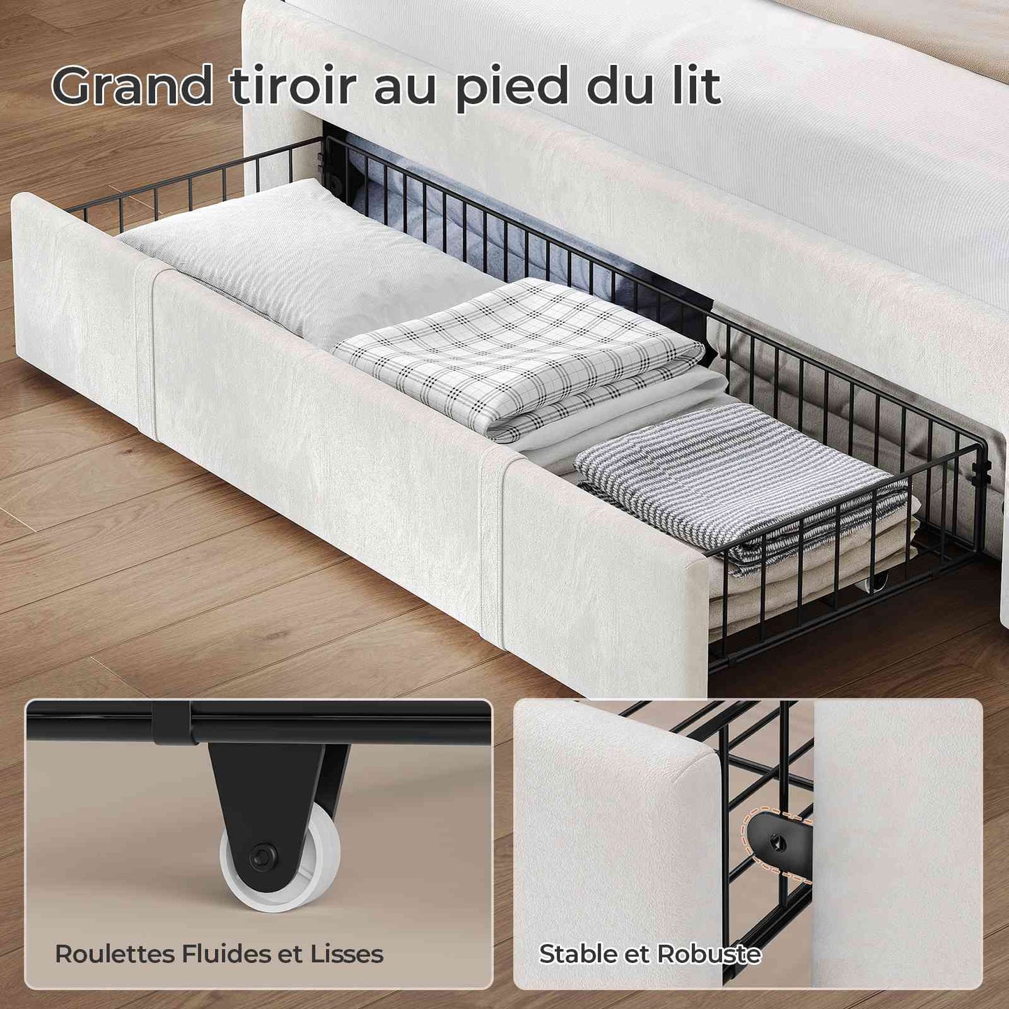 AOGLLATI  Lit avec rangement équipé d'un éclairage LED d'un port USB et d'un grand tiroir  tête de lit réglable sur deux hauteurs (beige 140 x 190 cm)