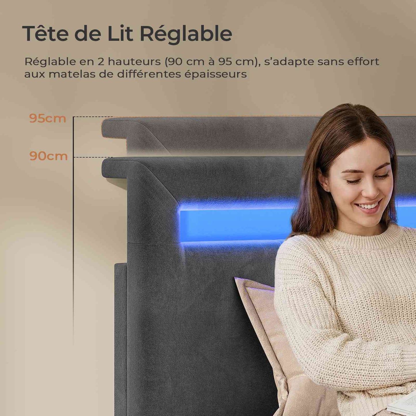 AOGLLATI  Lit avec rangement équipé d'un éclairage LED d'un port USB et d'un grand tiroir  tête de lit réglable sur deux hauteurs  160 x 200 cm