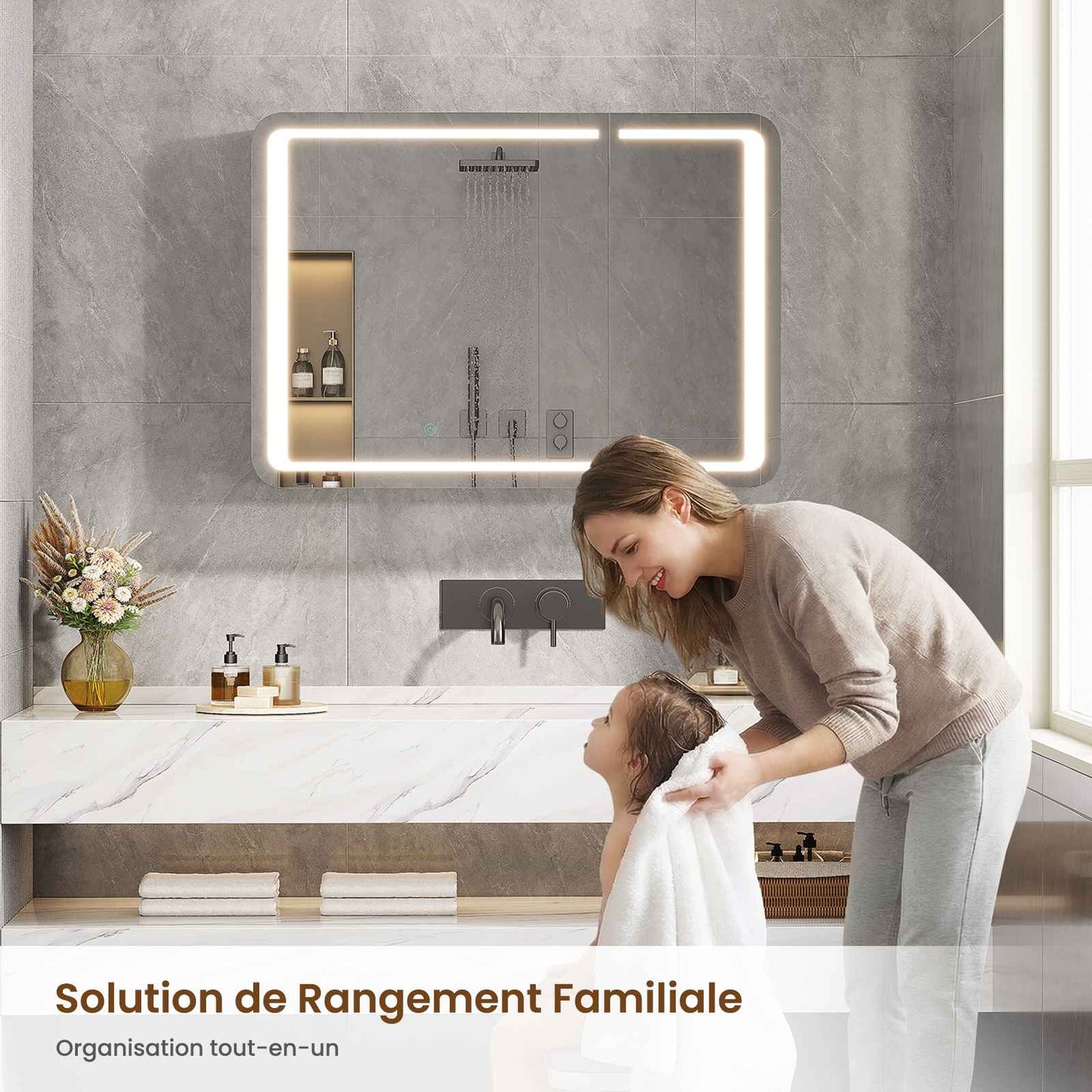 AOGLLATI Armoire de salle de bains murale avec éclairage LED et prise électrique 3 étagères réglables 16 x 80 x 60 cm blanche