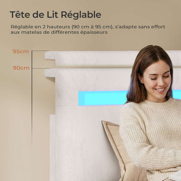 AOGLLATI  Lit avec rangement équipé d'un éclairage LED d'un port USB et d'un grand tiroir  tête de lit réglable sur deux hauteurs  140 x 200 cm