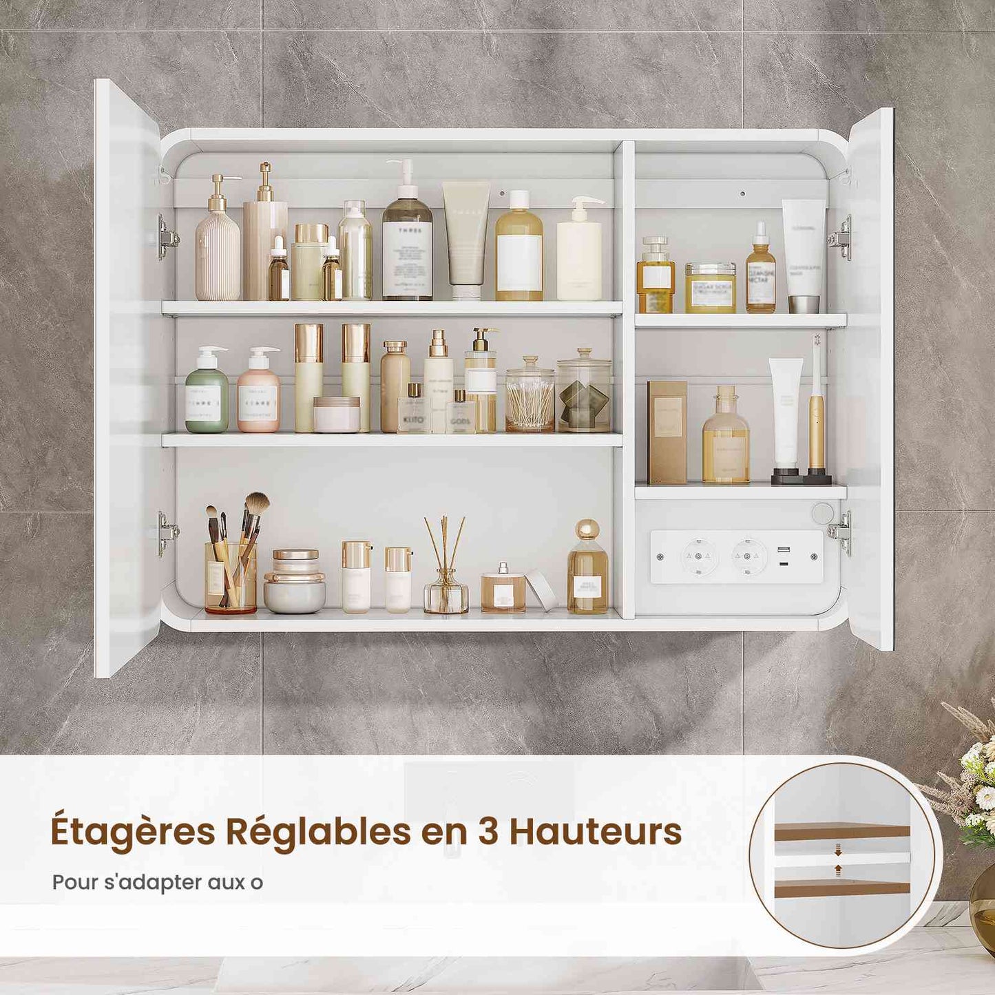 AOGLLATI Armoire de salle de bains murale avec éclairage LED et prise électrique 3 étagères réglables 16 x 80 x 60 cm blanche