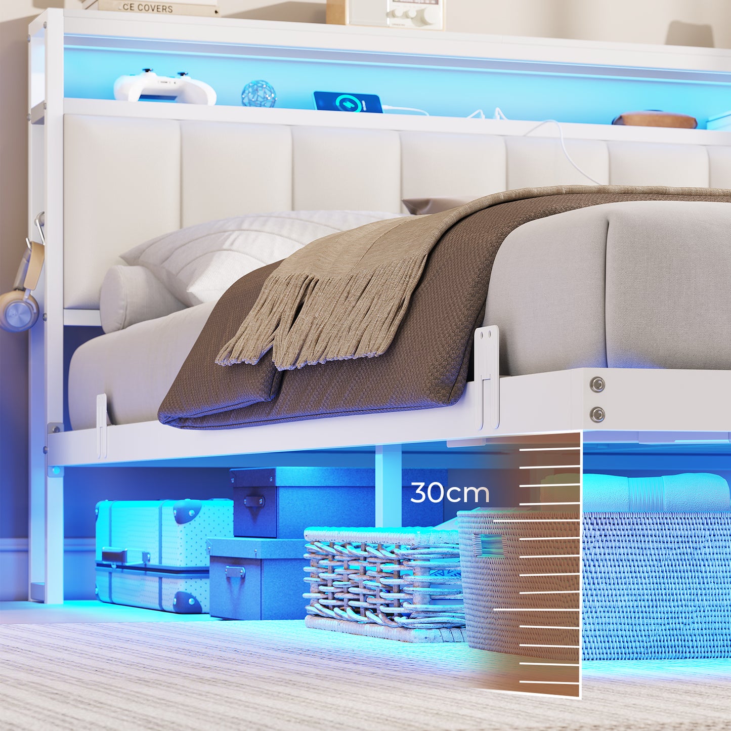 AOGLLATI  AOGLLATI 140 x 190 sommier avec éclairage LED multiprise tête de lit avec rangement structure métallique lit double surélevé