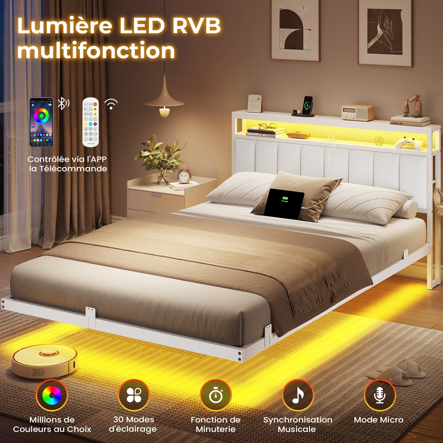 AOGLLATI  AOGLLATI 140 x 190 sommier avec éclairage LED multiprise tête de lit avec rangement structure métallique lit double surélevé
