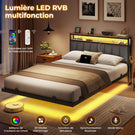 AOGLLATI  AOGLLATI 140 x 190 sommier avec éclairage LED multiprise tête de lit avec rangement structure métallique lit double surélevé