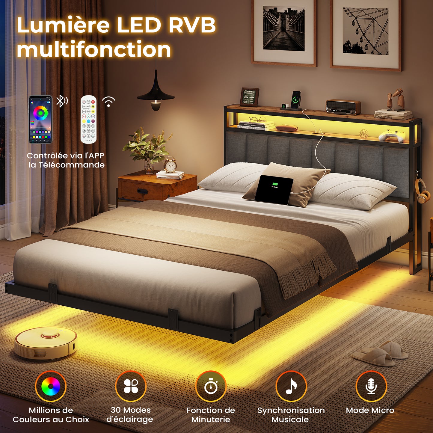 AOGLLATI  AOGLLATI 140 x 190 sommier avec éclairage LED multiprise tête de lit avec rangement structure métallique lit double surélevé