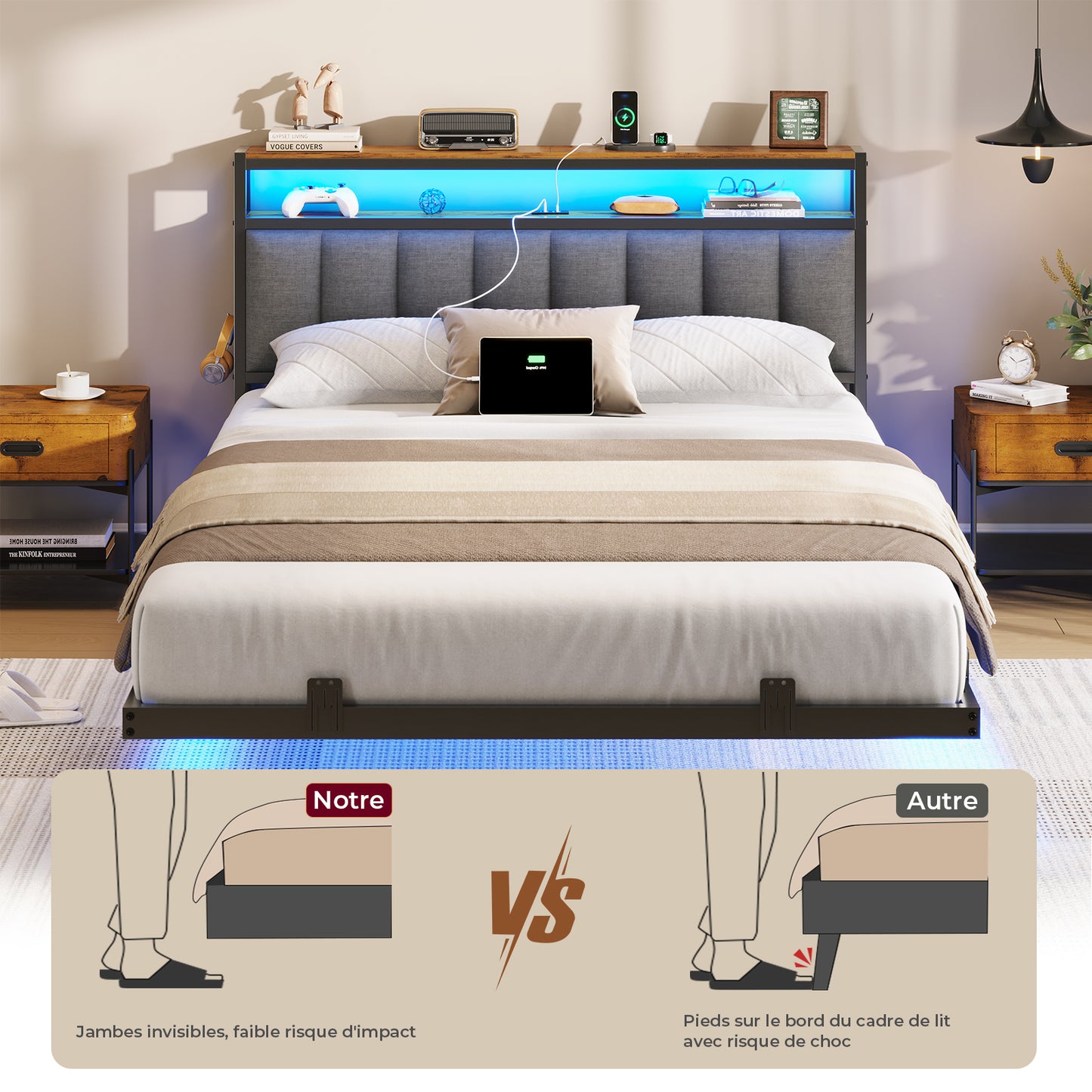 AOGLLATI  AOGLLATI 140 x 190 sommier avec éclairage LED multiprise tête de lit avec rangement structure métallique lit double surélevé