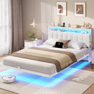 AOGLLATI  AOGLLATI 140 x 190 sommier avec éclairage LED multiprise tête de lit avec rangement structure métallique lit double surélevé