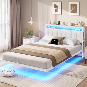 AOGLLATI  AOGLLATI 140 x 190 sommier avec éclairage LED multiprise tête de lit avec rangement structure métallique lit double surélevé