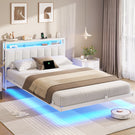 AOGLLATI  AOGLLATI 140 x 190 sommier avec éclairage LED multiprise tête de lit avec rangement structure métallique lit double surélevé