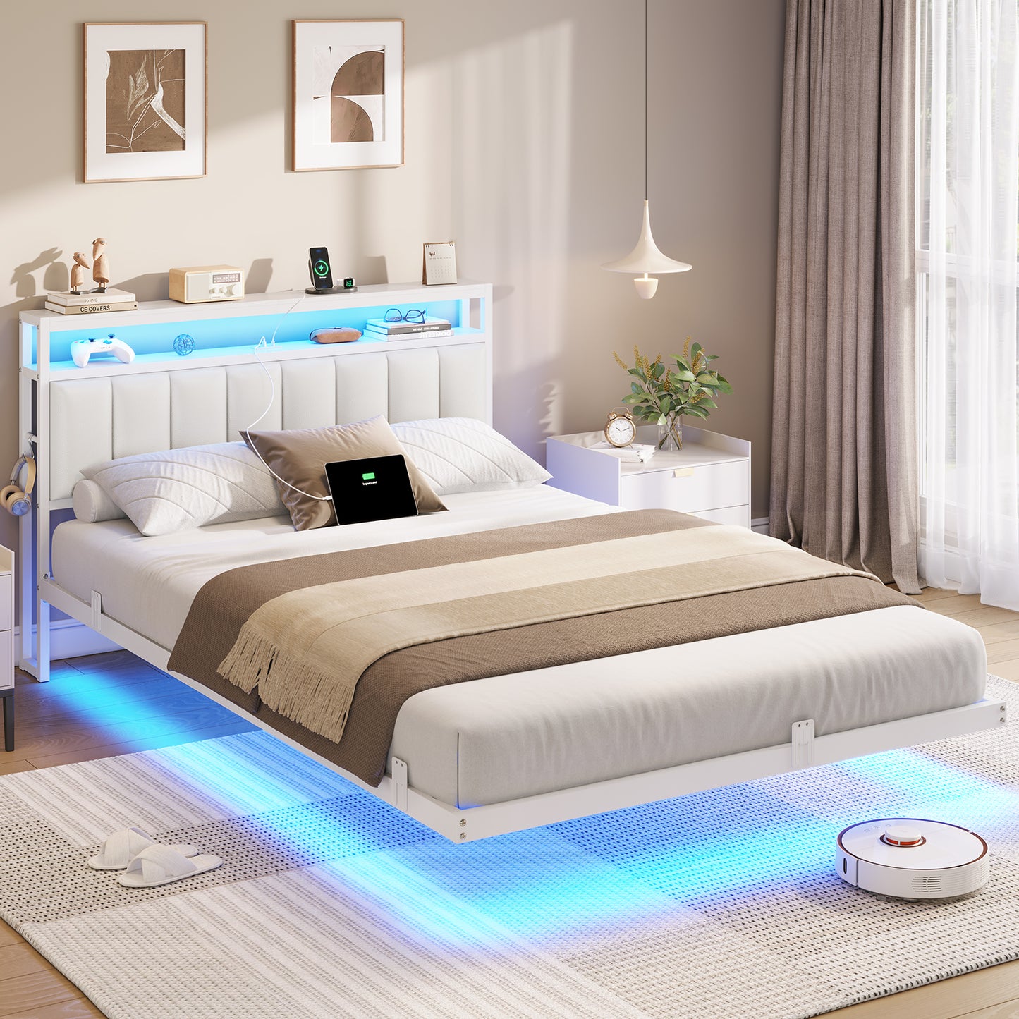 AOGLLATI  AOGLLATI 140 x 190 sommier avec éclairage LED multiprise tête de lit avec rangement structure métallique lit double surélevé