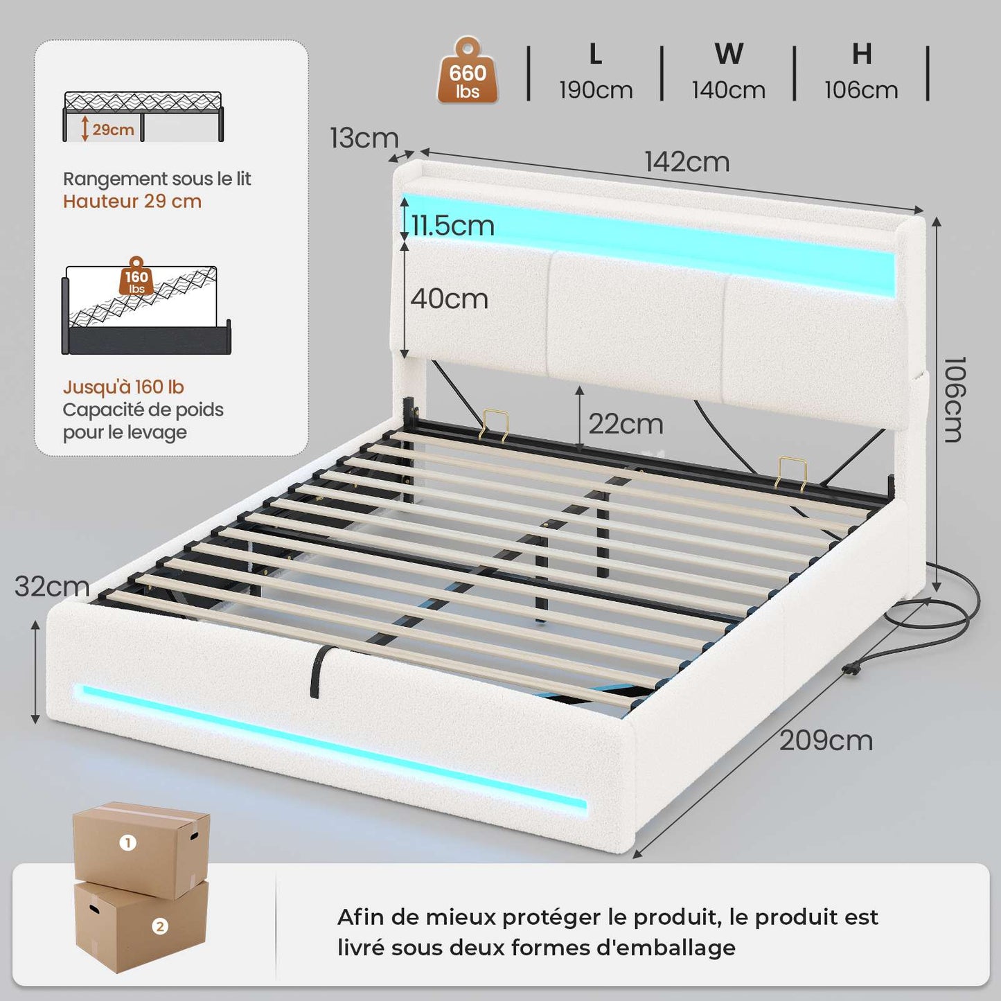 AOGLLATI Lit AOGLLATI 140 × 190 avec rangements équipé d'un éclairage LED et de ports USB tête de lit rembourrée avec compartiments de rangement séparés Velours Teddy Beige