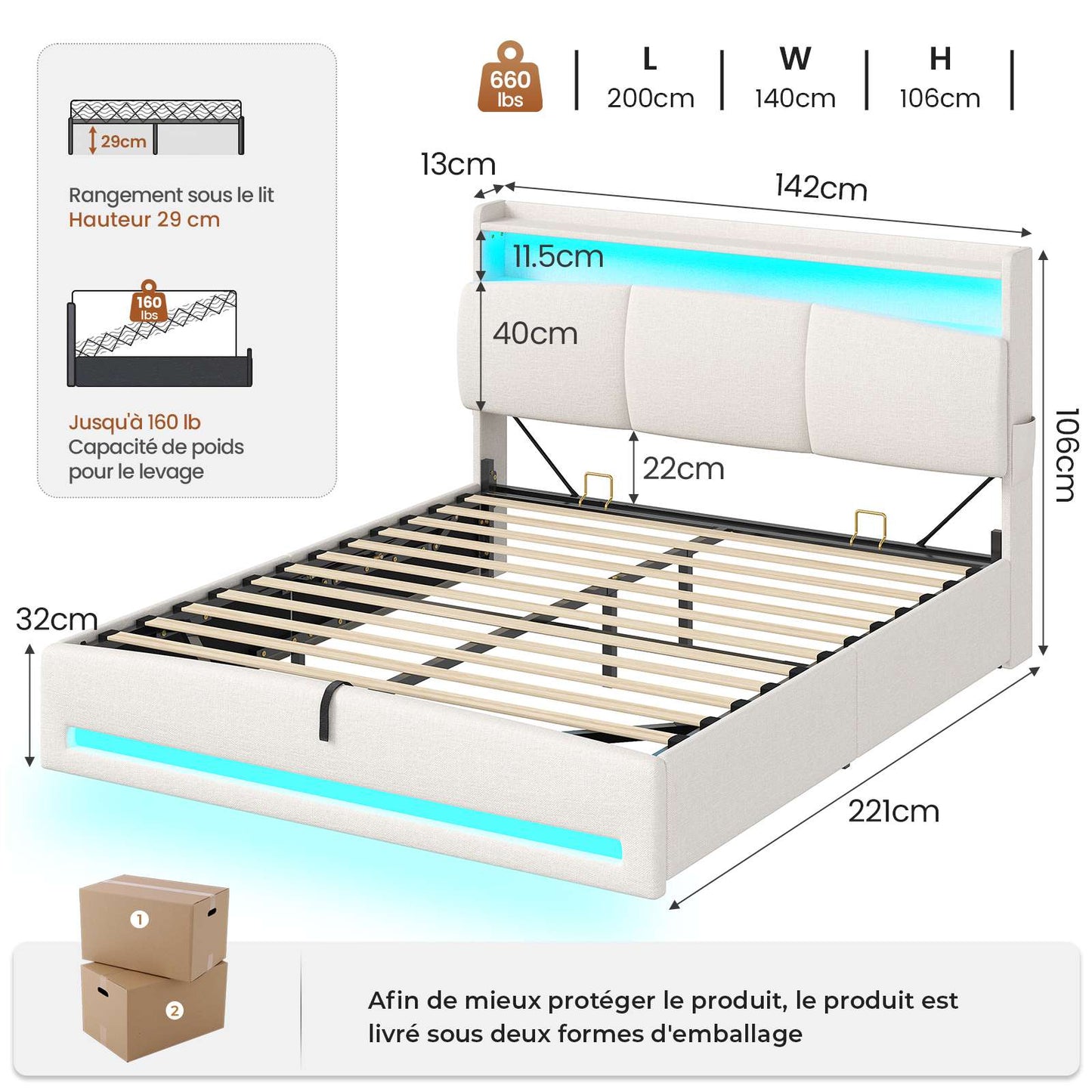 AOGLLATI Lit AOGLLATI 140 × 200 avec rangements équipé d'un éclairage LED et de ports USB tête de lit rembourrée avec compartiments de rangement séparés lit double à réglage hydraulique