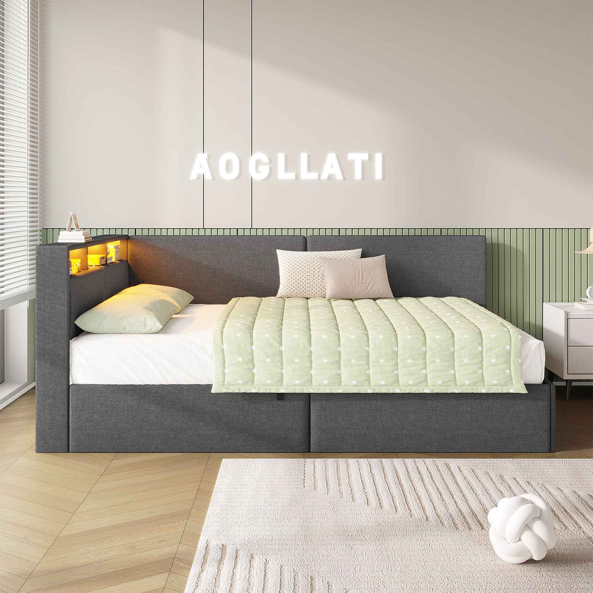 AOGLLATI Canapé-lit 140 x 200 avec rangement équipé d'un éclairage LED et de ports USB à système hydraulique avec tête de lit rembourrée et espace de rangement