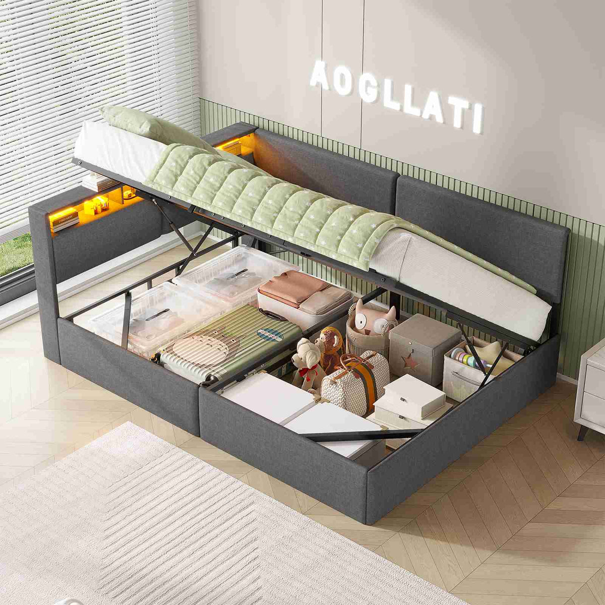 AOGLLATI Canapé-lit 140 x 200 avec rangement équipé d'un éclairage LED et de ports USB à système hydraulique avec tête de lit rembourrée et espace de rangement