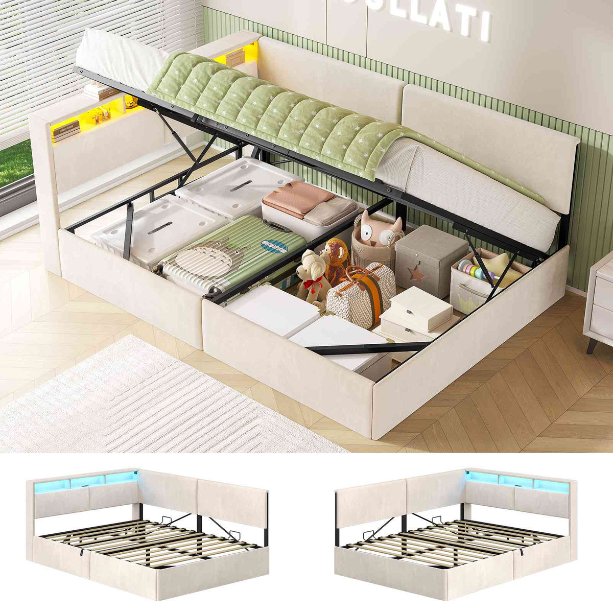 AOGLLATI Canapé-lit 140 x 200 avec rangement équipé d'un éclairage LED et de ports USB à système hydraulique avec tête de lit rembourrée et espace de rangement