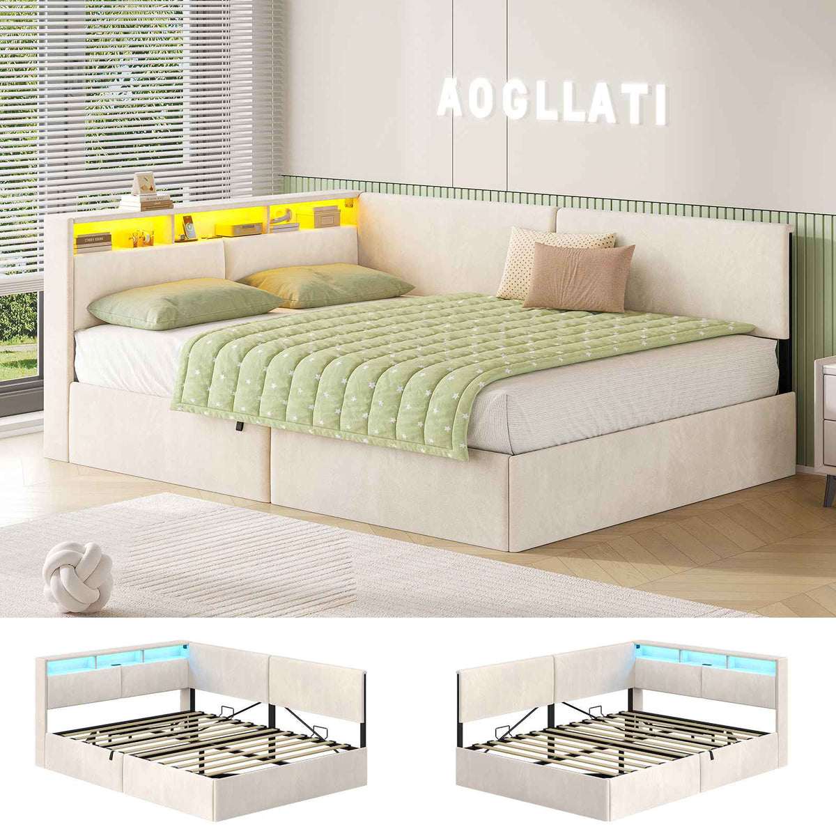 AOGLLATI Canapé-lit 140 x 200 avec rangement équipé d'un éclairage LED et de ports USB à système hydraulique avec tête de lit rembourrée et espace de rangement