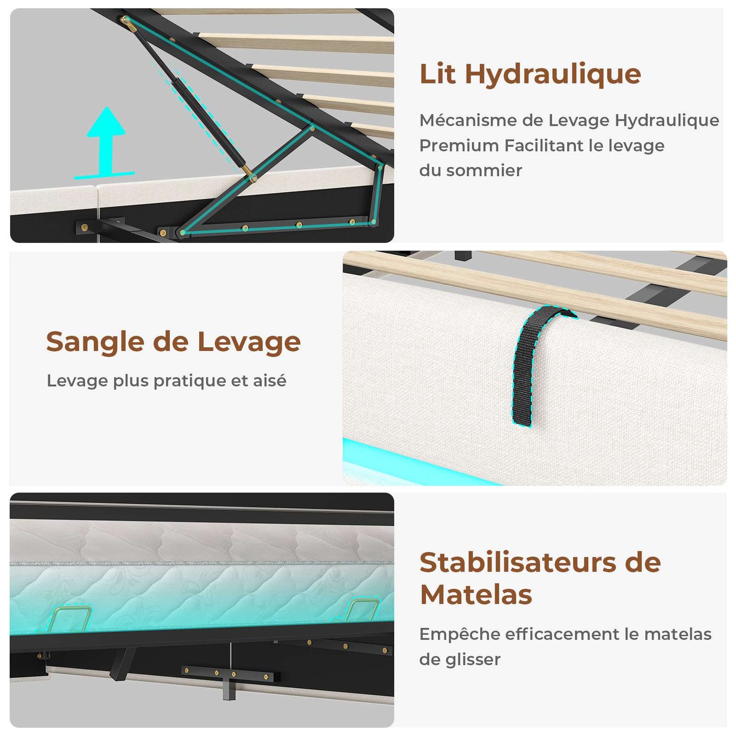 AOGLLATI Lit AOGLLATI 140 × 190 avec rangements équipé d'un éclairage LED et de ports USB tête de lit rembourrée avec compartiments de rangement séparés Velours Teddy Beige