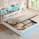AOGLLATI Lit AOGLLATI 140 × 190 avec rangements équipé d'un éclairage LED et de ports USB tête de lit rembourrée avec compartiments de rangement séparés lit double à réglage hydraulique