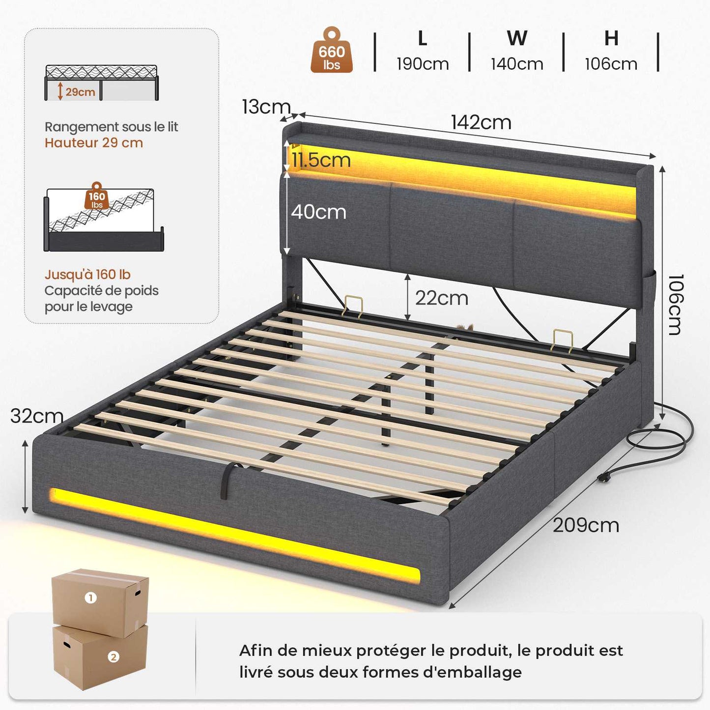 AOGLLATI Lit AOGLLATI 140 × 190 avec rangements équipé d'un éclairage LED et de ports USB tête de lit rembourrée avec compartiments de rangement séparés lit double à réglage hydraulique