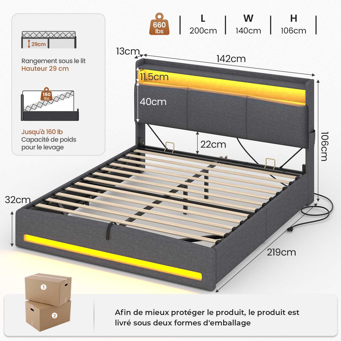 AOGLLATI Lit AOGLLATI 140 × 200 avec rangements équipé d'un éclairage LED et de ports USB tête de lit rembourrée avec compartiments de rangement séparés lit double à réglage hydraulique