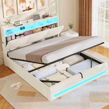 AOGLLATI Lit AOGLLATI 140 × 190 avec rangements équipé d'un éclairage LED et de ports USB tête de lit rembourrée avec compartiments de rangement séparés Velours Teddy Beige