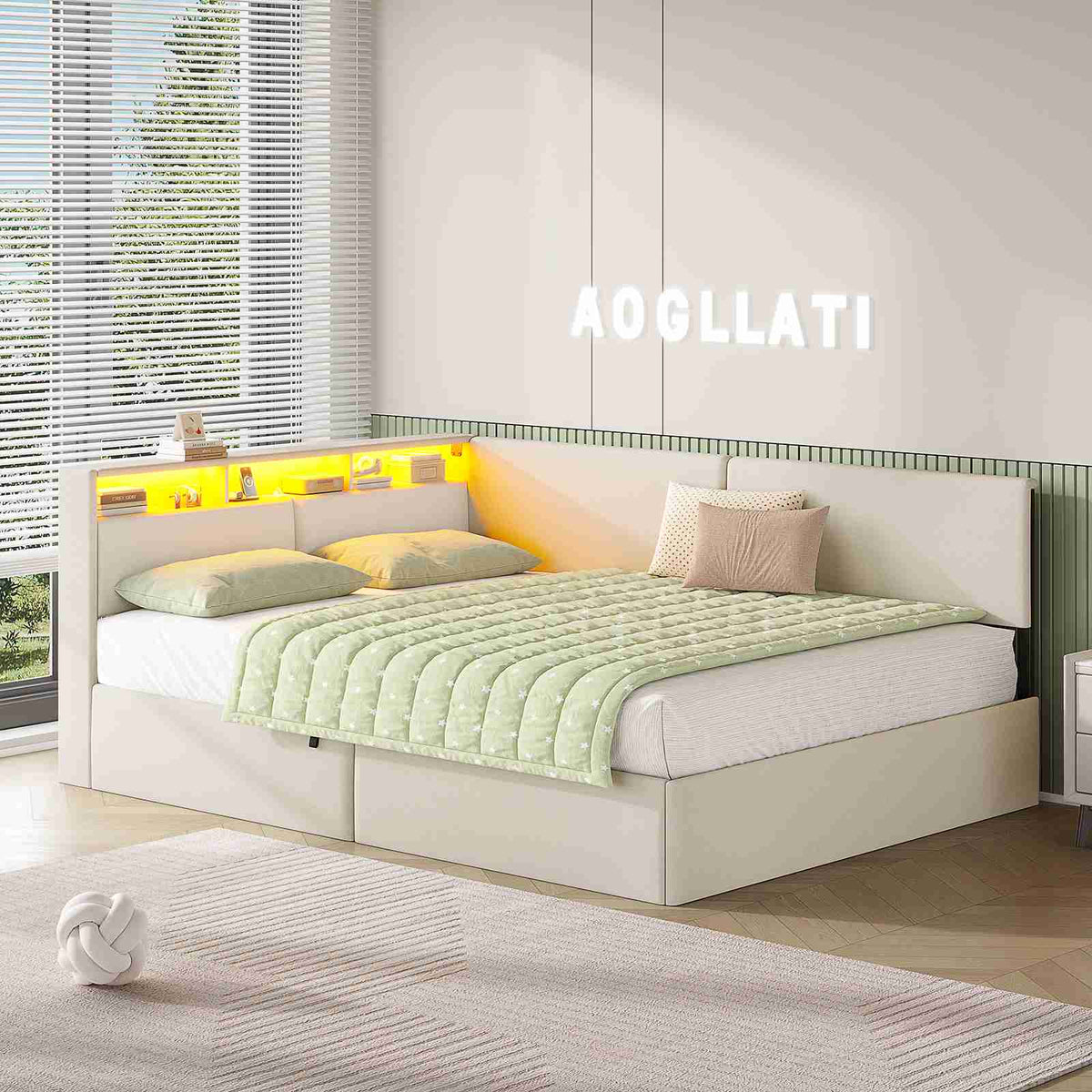 AOGLLATI Canapé-lit 140 x 200 avec rangement équipé d'un éclairage LED et de ports USB à système hydraulique avec tête de lit rembourrée et espace de rangement