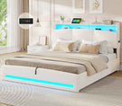 AOGLLATI Lit AOGLLATI 140 × 190 avec rangements équipé d'un éclairage LED et de ports USB tête de lit rembourrée avec compartiments de rangement séparés lit double à réglage hydraulique