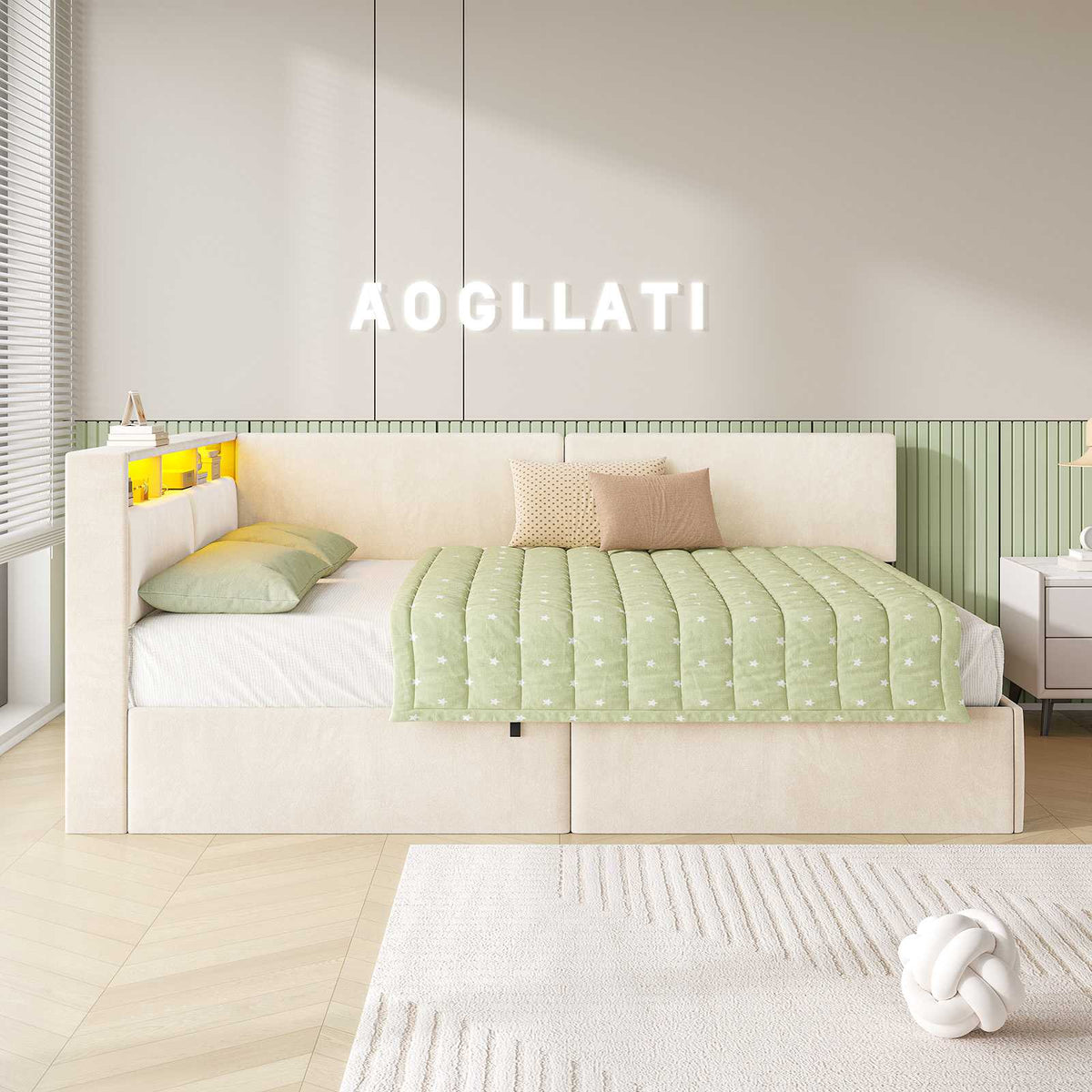 AOGLLATI Canapé-lit 140 x 200 avec rangement équipé d'un éclairage LED et de ports USB à système hydraulique avec tête de lit rembourrée et espace de rangement