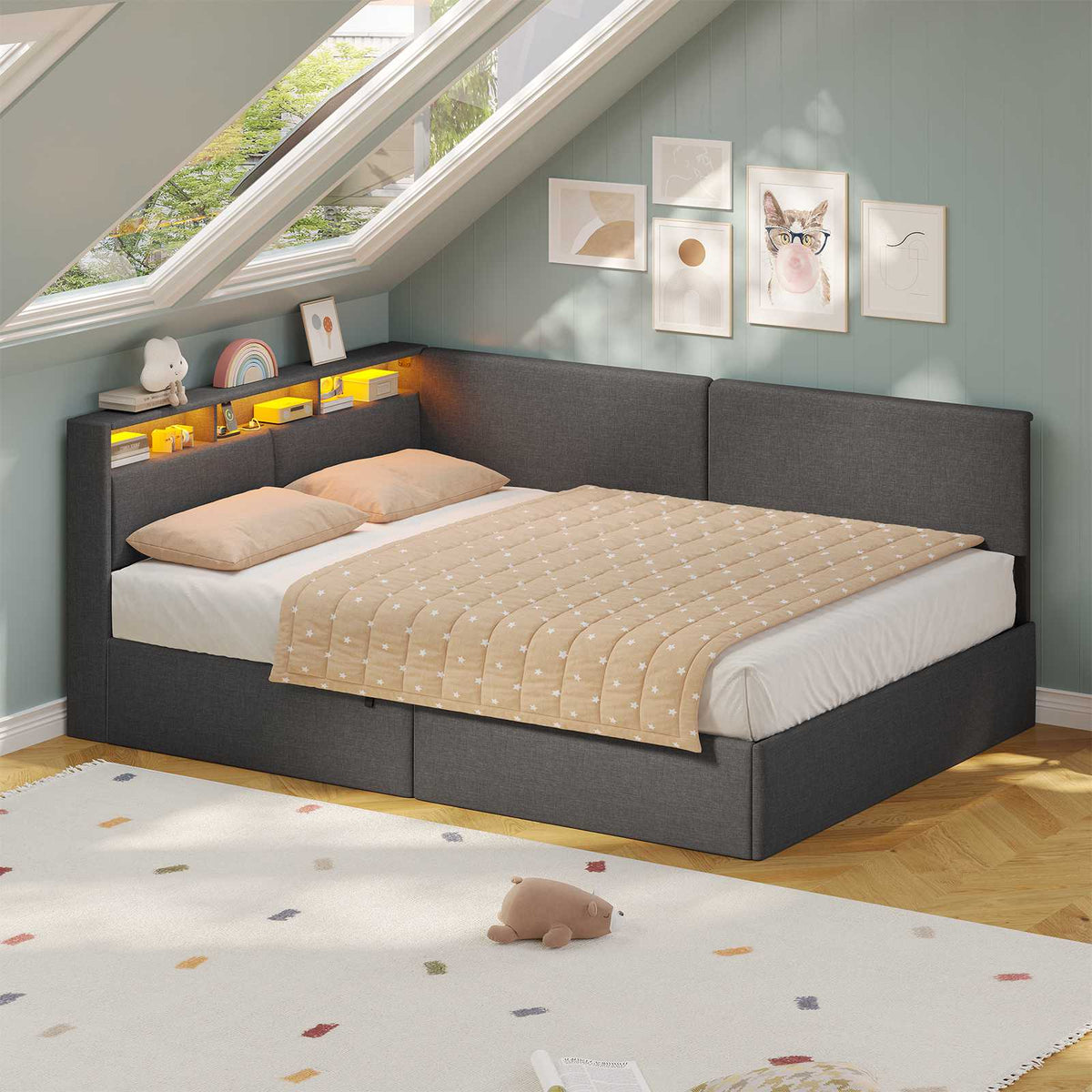 AOGLLATI Canapé-lit 140 x 200 avec rangement équipé d'un éclairage LED et de ports USB à système hydraulique avec tête de lit rembourrée et espace de rangement