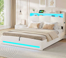 AOGLLATI Lit AOGLLATI 140 × 190 avec rangements équipé d'un éclairage LED et de ports USB tête de lit rembourrée avec compartiments de rangement séparés lit double à réglage hydraulique