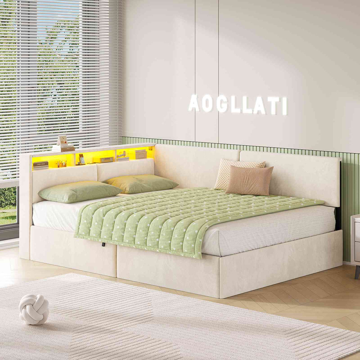 AOGLLATI Canapé-lit 140 x 200 avec rangement équipé d'un éclairage LED et de ports USB à système hydraulique avec tête de lit rembourrée et espace de rangement