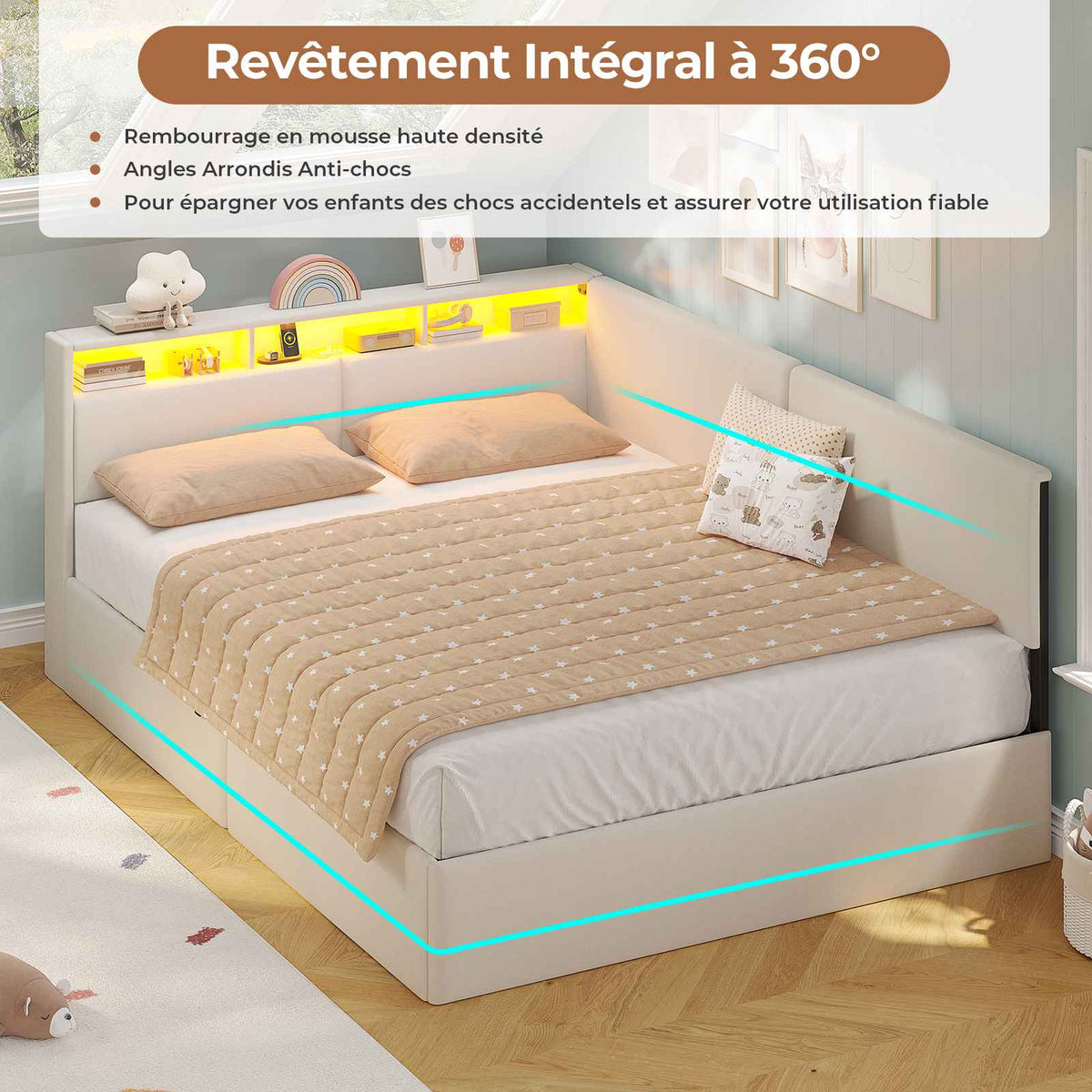 AOGLLATI Canapé-lit 140 x 200 avec rangement équipé d'un éclairage LED et de ports USB à système hydraulique avec tête de lit rembourrée et espace de rangement
