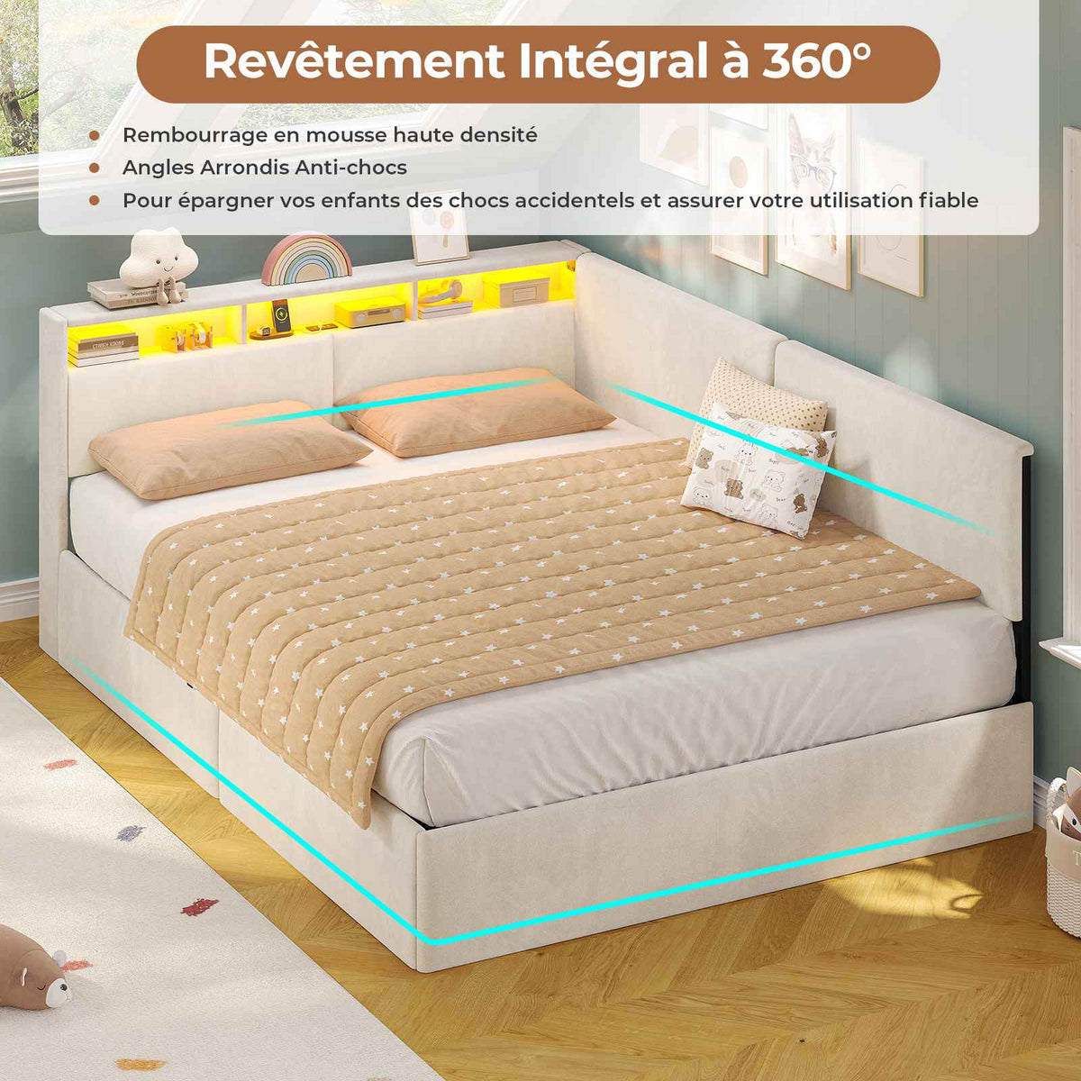 AOGLLATI Canapé-lit 140 x 200 avec rangement équipé d'un éclairage LED et de ports USB à système hydraulique avec tête de lit rembourrée et espace de rangement