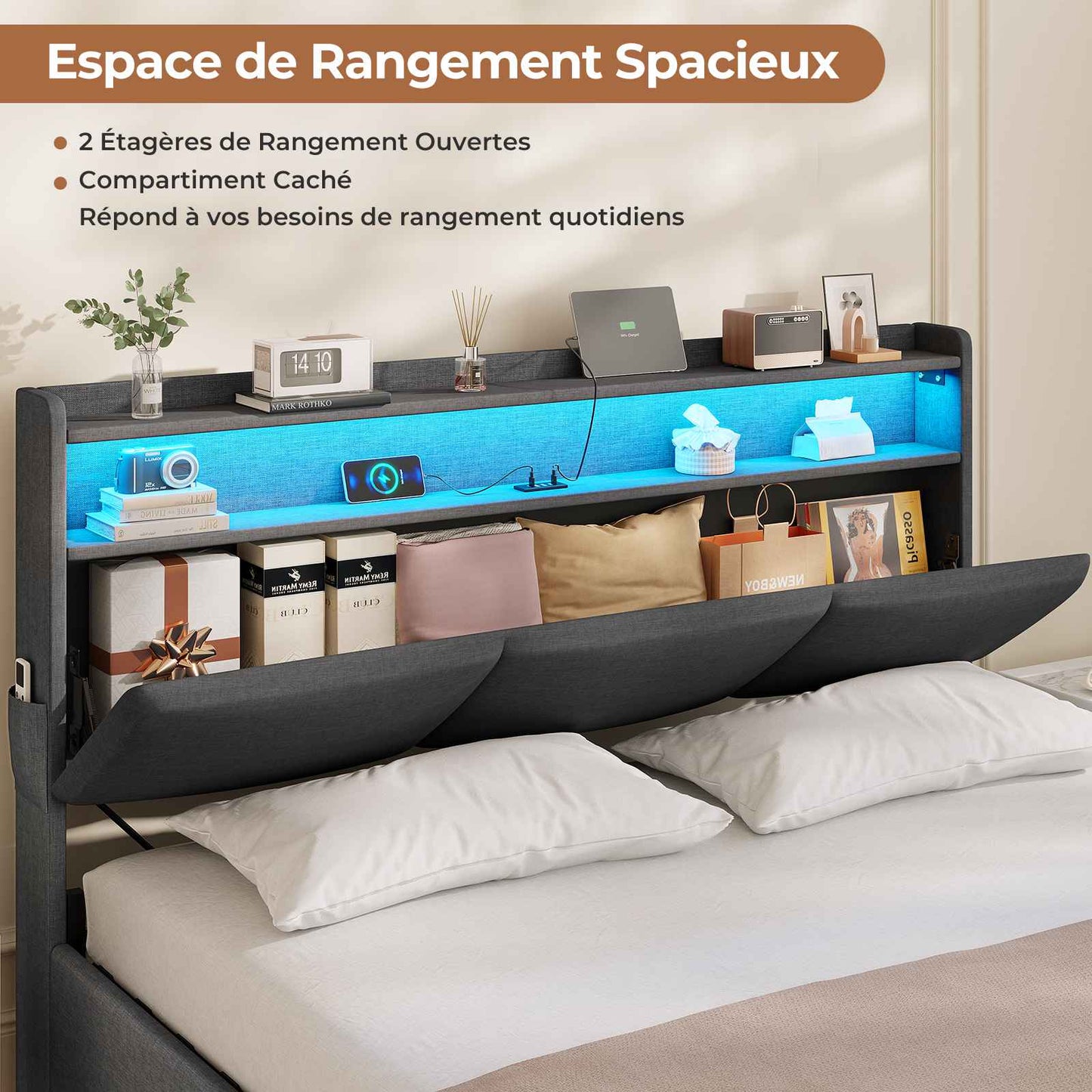 AOGLLATI Lit AOGLLATI 140 × 190 avec rangements équipé d'un éclairage LED et de ports USB tête de lit rembourrée avec compartiments de rangement séparés lit double à réglage hydraulique