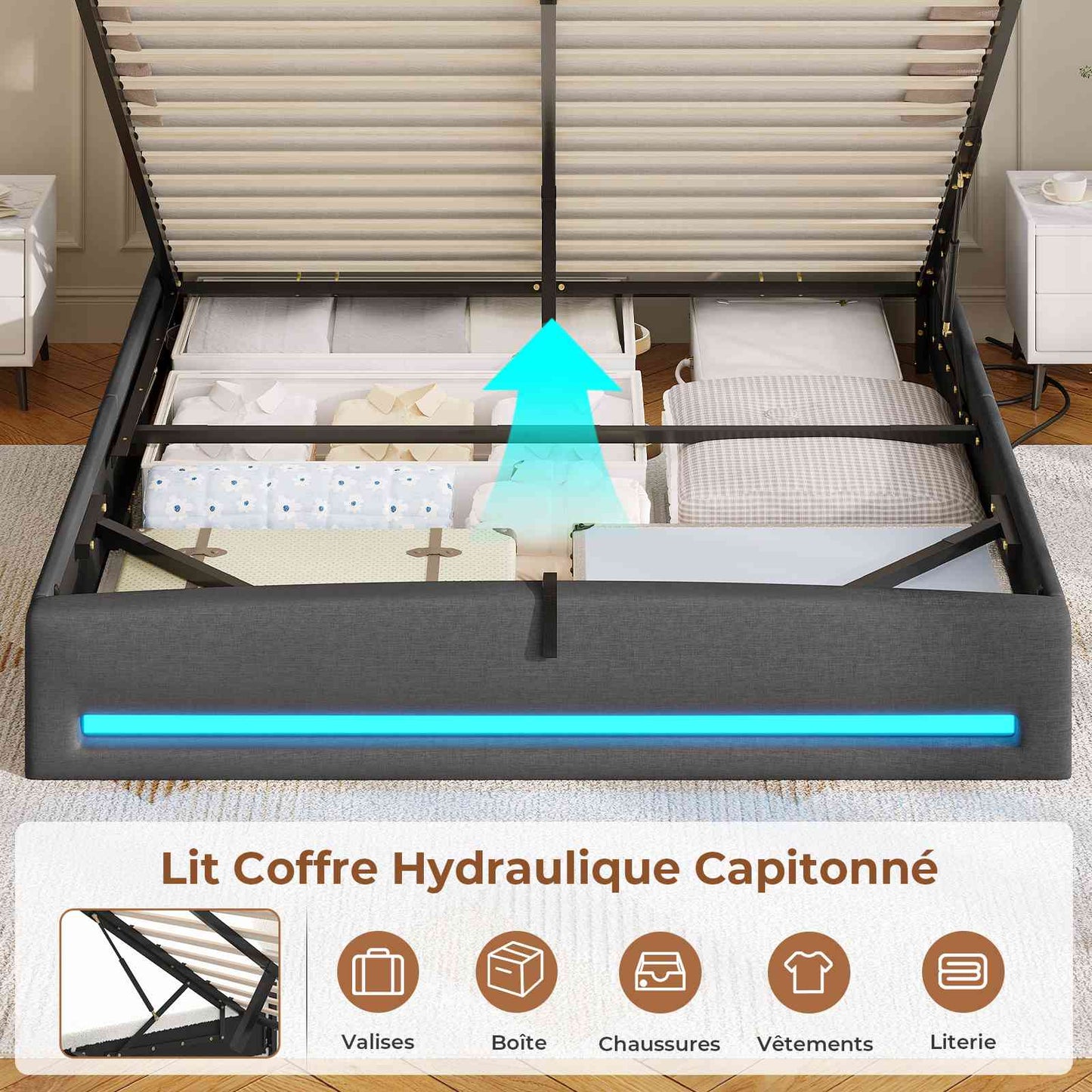 AOGLLATI Lit AOGLLATI 140 × 190 avec rangements équipé d'un éclairage LED et de ports USB tête de lit rembourrée avec compartiments de rangement séparés lit double à réglage hydraulique