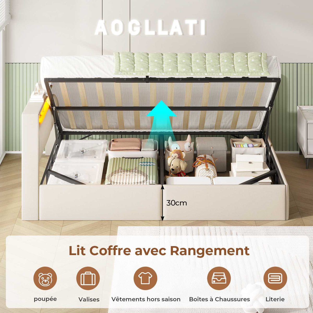 AOGLLATI Canapé-lit 140 x 200 avec rangement équipé d'un éclairage LED et de ports USB à système hydraulique avec tête de lit rembourrée et espace de rangement
