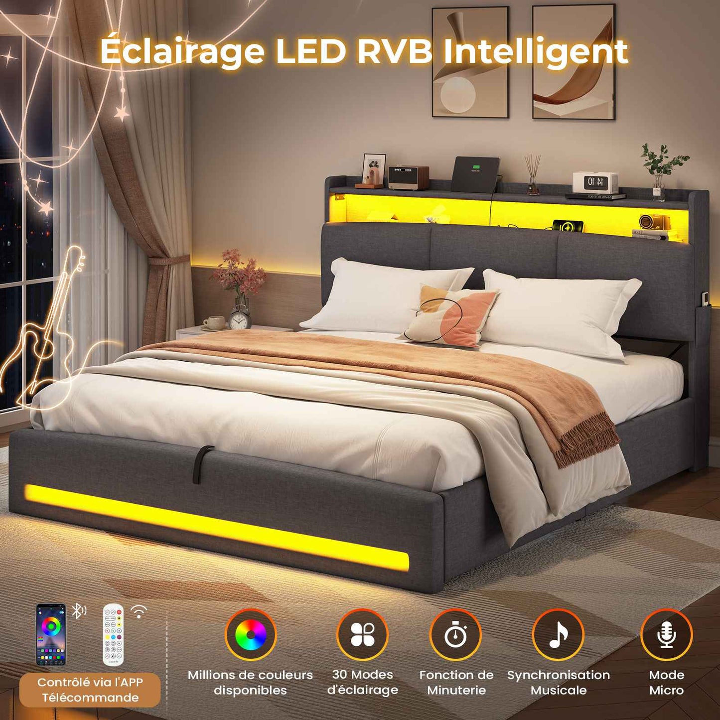 AOGLLATI Lit AOGLLATI 140 × 190 avec rangements équipé d'un éclairage LED et de ports USB tête de lit rembourrée avec compartiments de rangement séparés lit double à réglage hydraulique