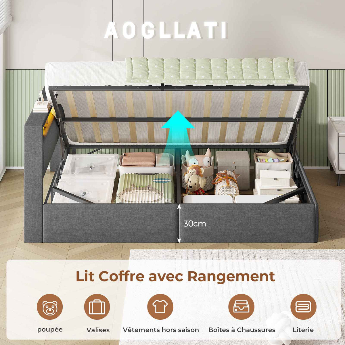 AOGLLATI Canapé-lit 140 x 200 avec rangement équipé d'un éclairage LED et de ports USB à système hydraulique avec tête de lit rembourrée et espace de rangement