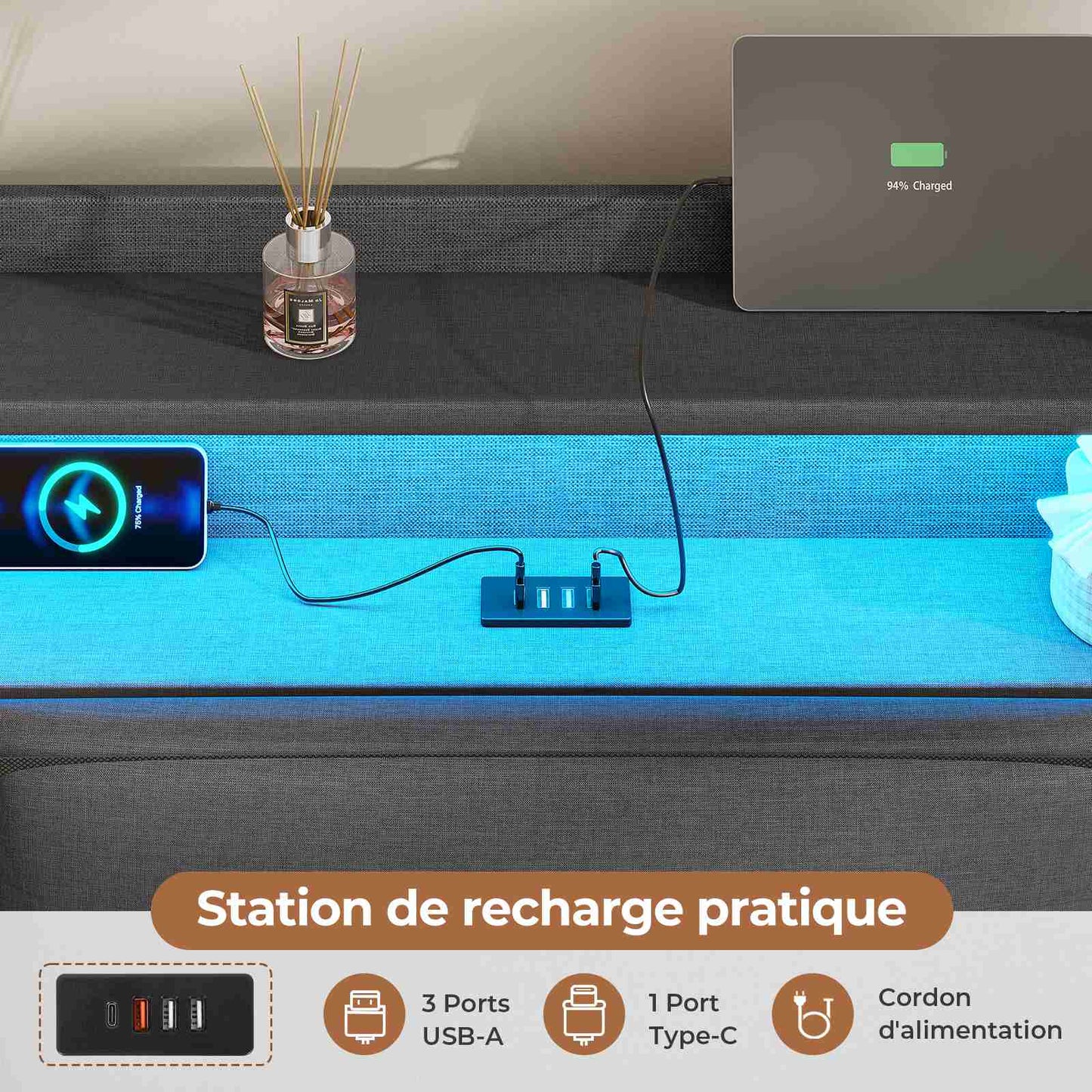 AOGLLATI Lit AOGLLATI 140 × 190 avec rangements équipé d'un éclairage LED et de ports USB tête de lit rembourrée avec compartiments de rangement séparés lit double à réglage hydraulique