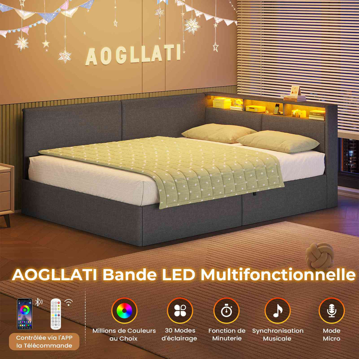 AOGLLATI Canapé-lit 140 x 200 avec rangement équipé d'un éclairage LED et de ports USB à système hydraulique avec tête de lit rembourrée et espace de rangement