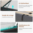 AOGLLATI Lit AOGLLATI 140 × 190 avec rangements équipé d'un éclairage LED et de ports USB tête de lit rembourrée avec compartiments de rangement séparés lit double à réglage hydraulique