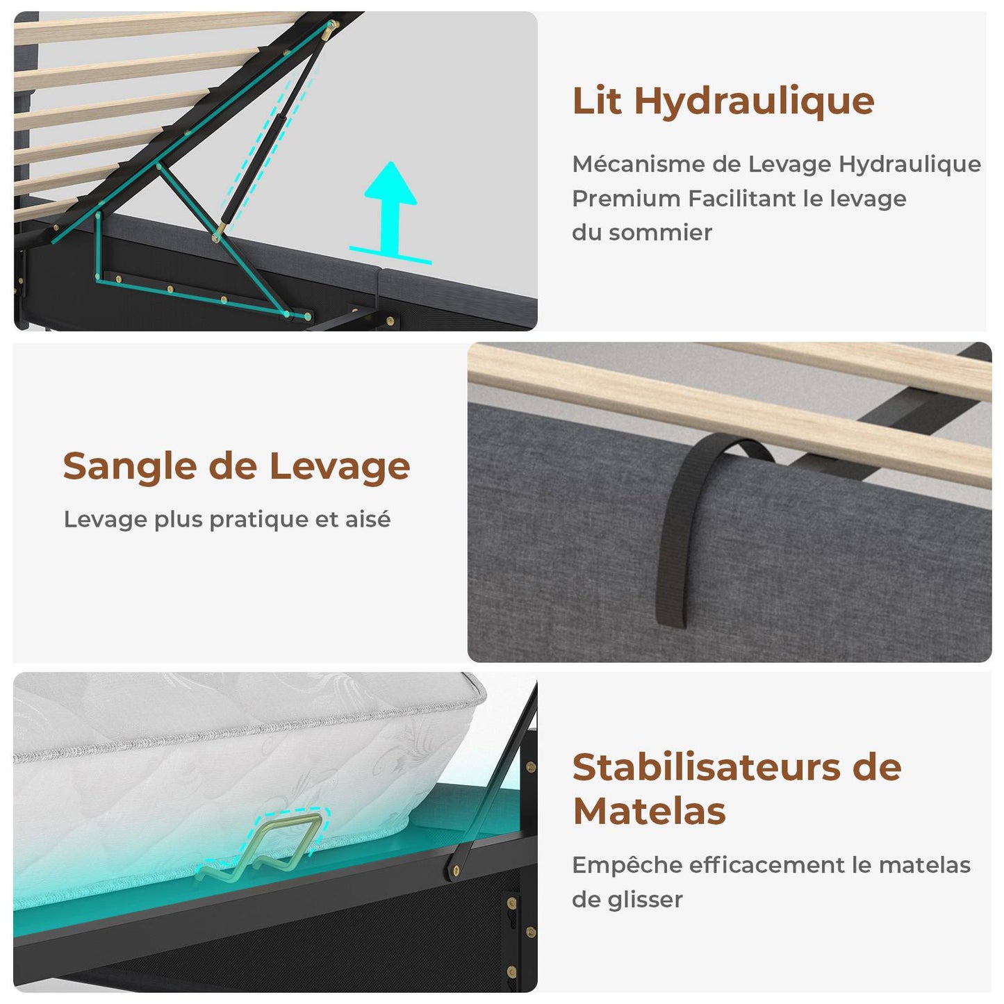 AOGLLATI Lit AOGLLATI 140 × 190 avec rangements équipé d'un éclairage LED et de ports USB tête de lit rembourrée avec compartiments de rangement séparés lit double à réglage hydraulique