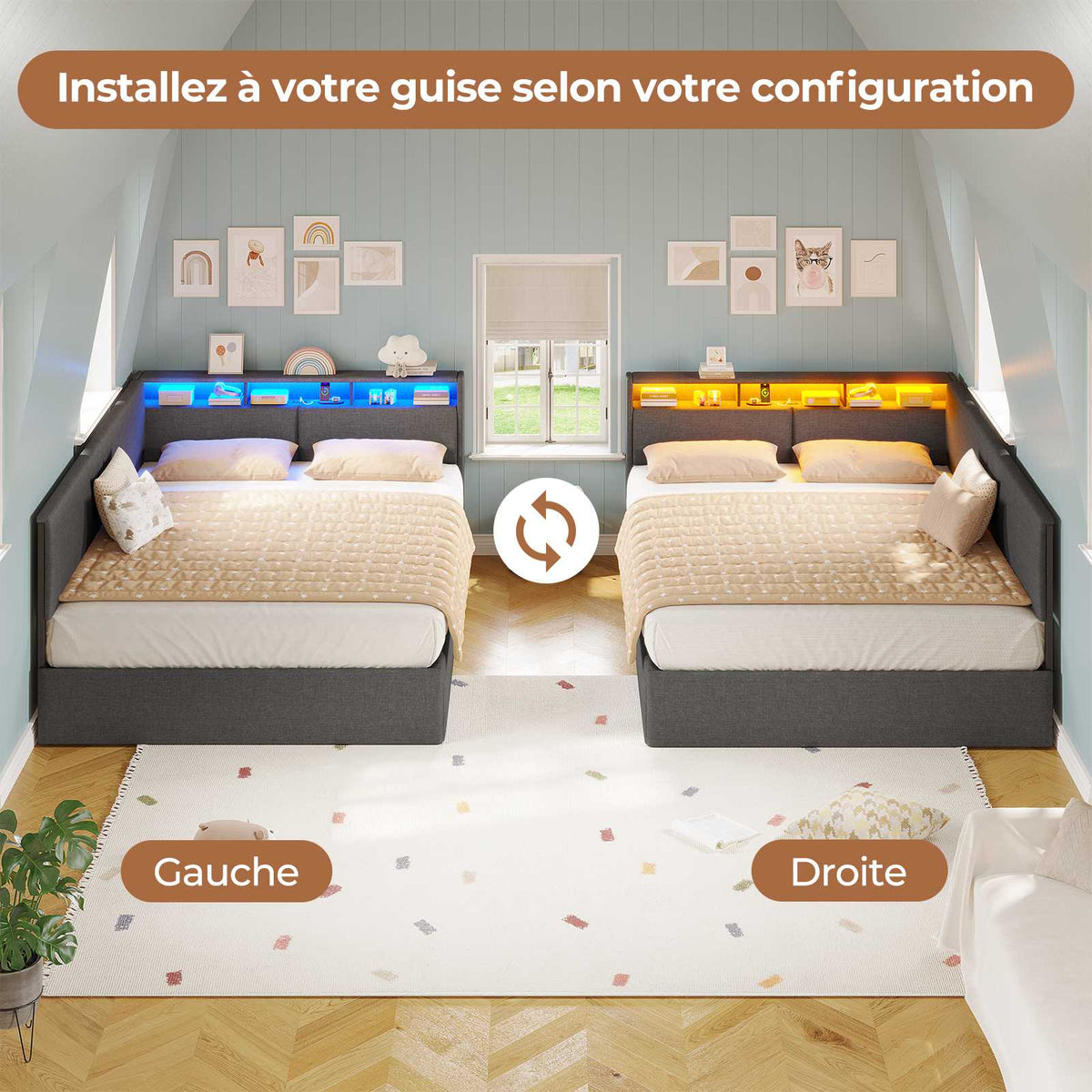 AOGLLATI Canapé-lit 140 x 200 avec rangement équipé d'un éclairage LED et de ports USB à système hydraulique avec tête de lit rembourrée et espace de rangement