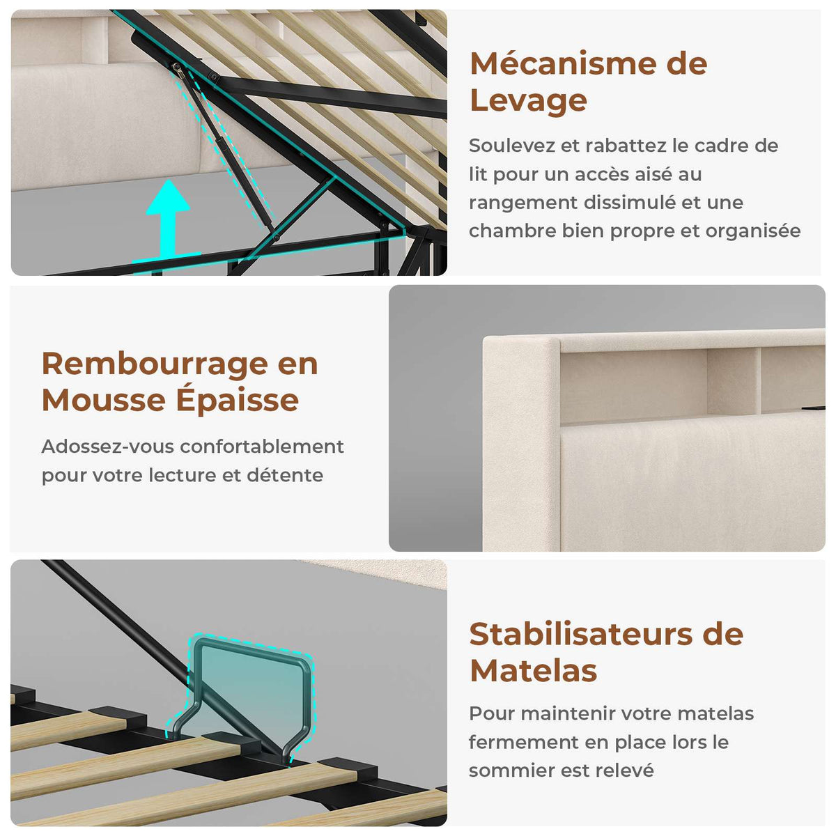 AOGLLATI Canapé-lit 140 x 200 avec rangement équipé d'un éclairage LED et de ports USB à système hydraulique avec tête de lit rembourrée et espace de rangement