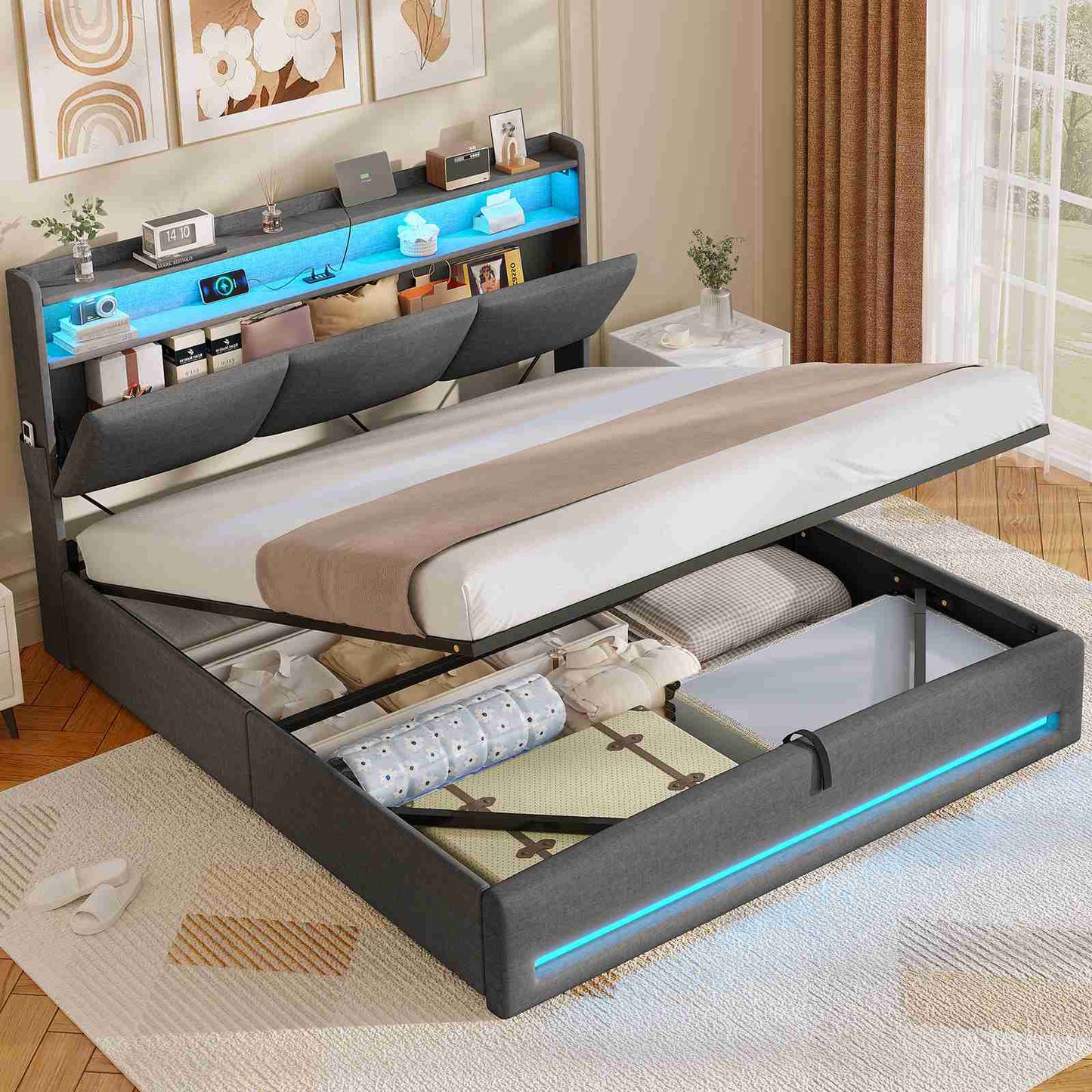 AOGLLATI Lit AOGLLATI 140 × 190 avec rangements équipé d'un éclairage LED et de ports USB tête de lit rembourrée avec compartiments de rangement séparés lit double à réglage hydraulique