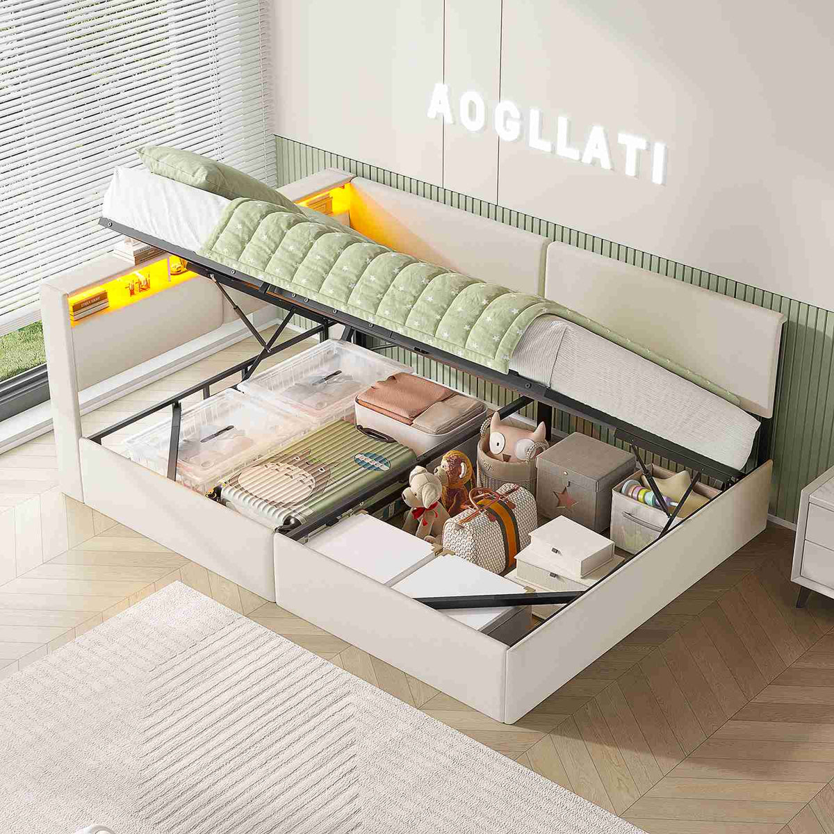 AOGLLATI Canapé-lit 140 x 200 avec rangement équipé d'un éclairage LED et de ports USB à système hydraulique avec tête de lit rembourrée et espace de rangement