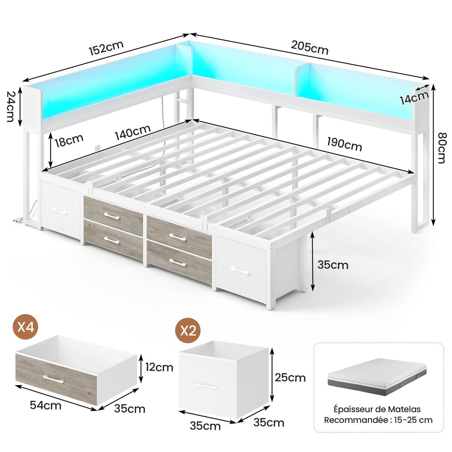 Canapé-lit AOGLLATI à dossier rabattable avec éclairage LED et multiprise lit 140 x 190 avec sommier métallique 3 compartiments de rangement ouverts et 6 tiroirs
