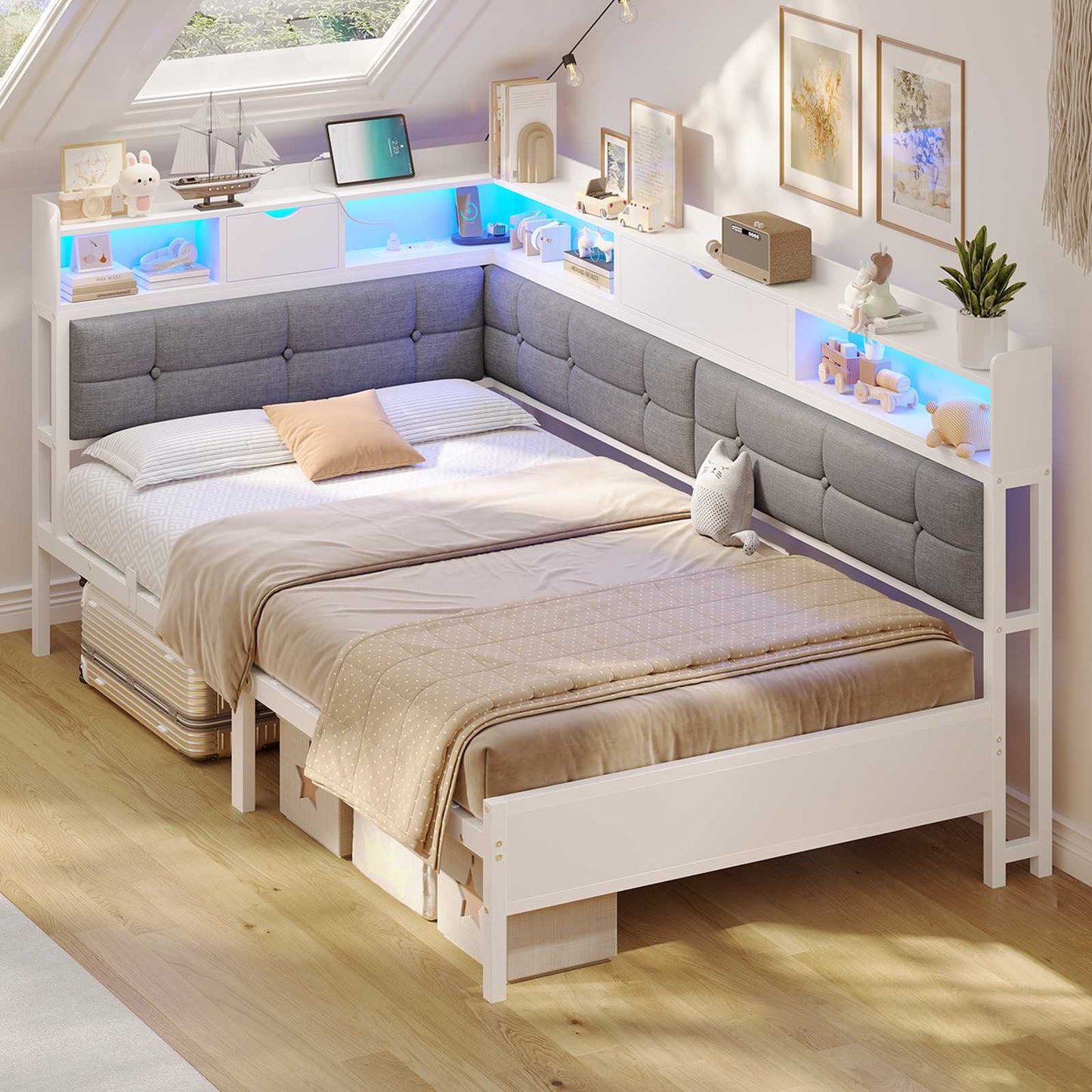 Canapé-lit pliant AOGLLATI 90 x 200 avec multiprise et éclairage LED canapé-lit rembourré doté de 6 compartiments de rangement et d'un espace de rangement sous le lit