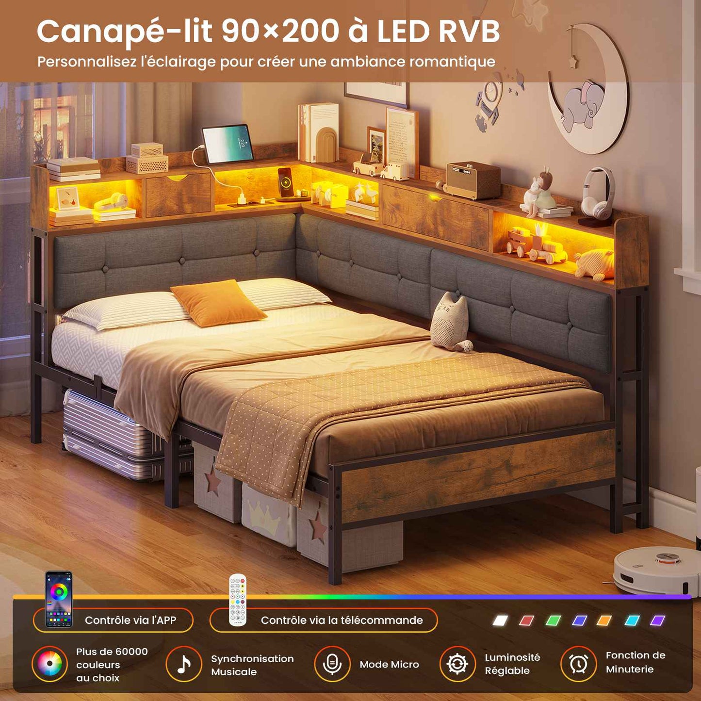 Canapé-lit pliant AOGLLATI 90 x 200 avec multiprise et éclairage LED canapé-lit rembourré doté de 6 compartiments de rangement et d'un espace de rangement sous le lit